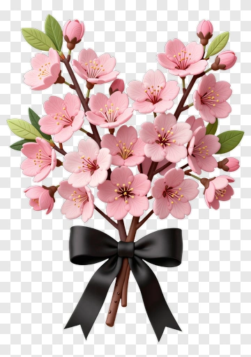 Pink Cherry Blossom Bouquet With Black Ribbon PNG