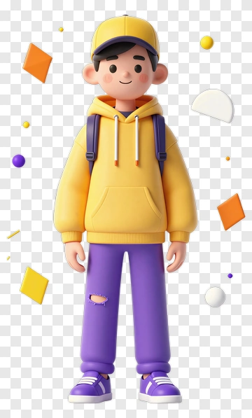 3D Boy Wearing A Yellow Hoodie And Purple Pants PNG