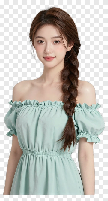 Young Woman With Long Braided Hair Wearing A Mint Green Dress PNG