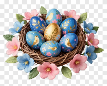 Colorful Easter Eggs In A Nest With Flowers PNG