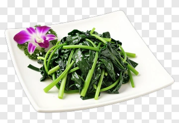Plate Of Stir-Fried Greens With Orchid Garnish PNG