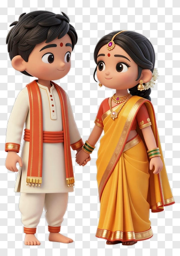 Cartoon Children In Traditional Indian Attire PNG