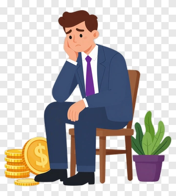 Sad Businessman Sitting On Chair With Coins PNG