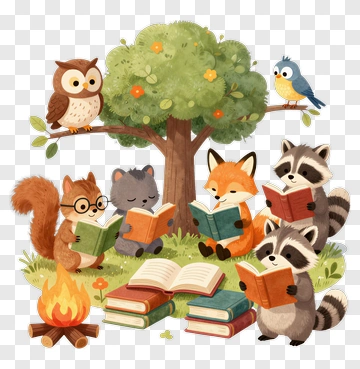 Cartoon Animals Reading Books Around A Tree PNG