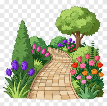 Colorful Garden Pathway With Flowers And Trees PNG