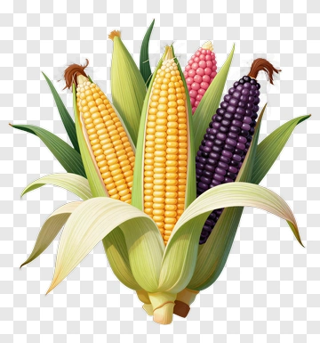 Colorful Corn Ears With Green Leaves PNG