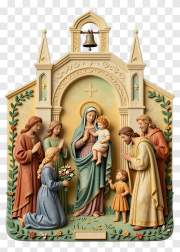 Religious Figure With Family And Flowers PNG
