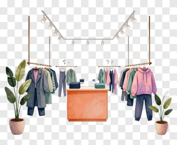 Clothing Store Interior With Display Rack And Plants PNG