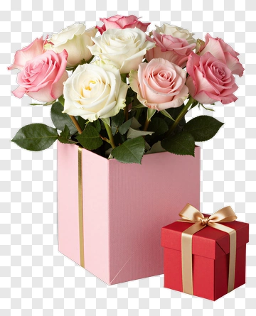 Pink And White Rose Bouquet In A Gift Box PNG