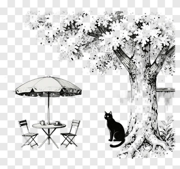 Black Cat Beside A Table Under A Tree PNG