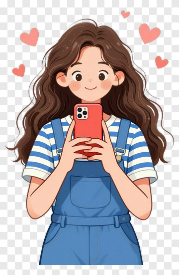 Cartoon Girl Holding A Smartphone With Hearts PNG