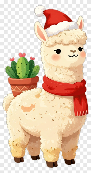 Cartoon Alpaca Wearing A Santa Hat And Scarf PNG