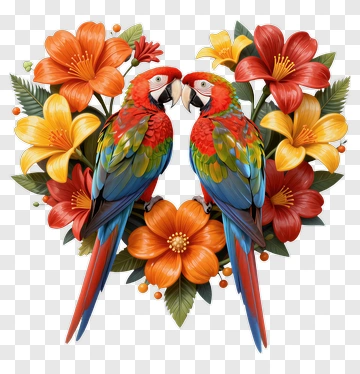 Colorful Macaws Surrounded By Tropical Flowers PNG