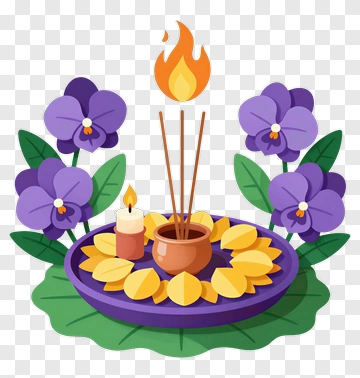 Colorful Flower Offering With Incense And Candle PNG