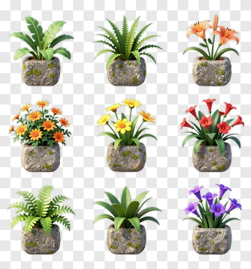 Colorful Flower Pots Arrangement PNG