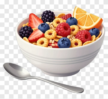 Bowl Of Colorful Cereal With Fresh Fruits PNG