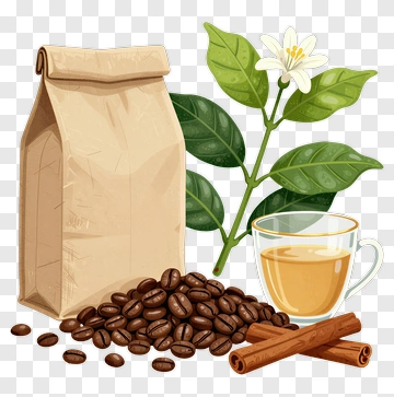 Coffee Bag With Beans And Cinnamon Sticks PNG