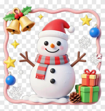 Cartoon Snowman With Christmas Decorations And Gifts PNG