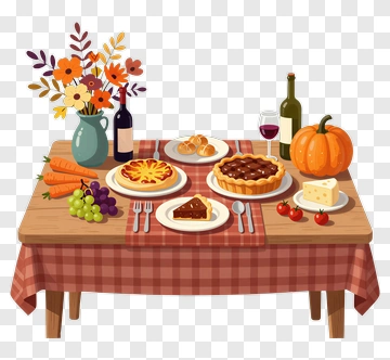 Thanksgiving Dinner Table With Pies And Vegetables PNG