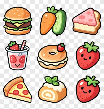 Colorful Food Icons Including Burger, Pizza, And Strawberries PNG
