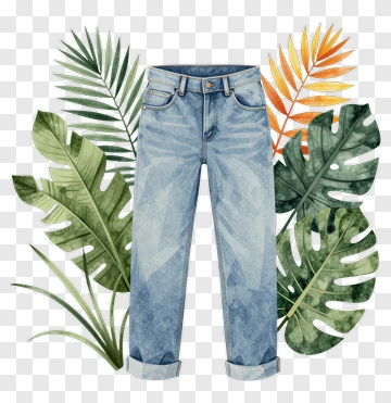 Denim Jeans Surrounded By Tropical Leaves PNG