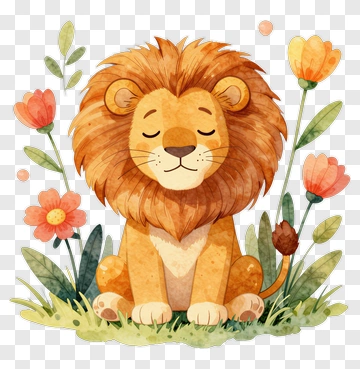 Cartoon Lion Sitting Among Flowers PNG