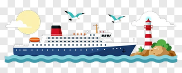 Cruise Ship Near A Lighthouse And Seagulls PNG