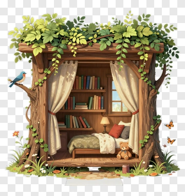 Cozy Treehouse With Books And Nature Elements PNG