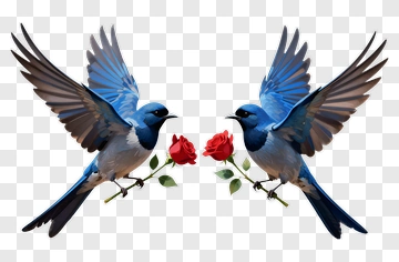 Blue Birds Holding Red Roses PNG