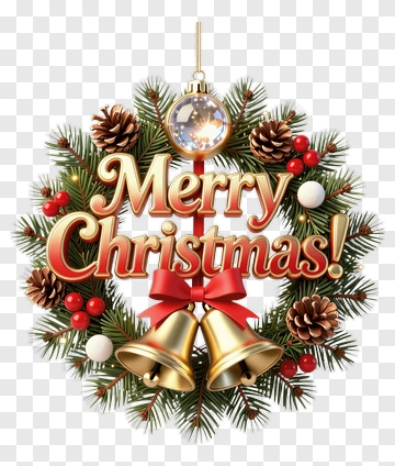 Merry Christmas Wreath With Bells And Pine Cones PNG