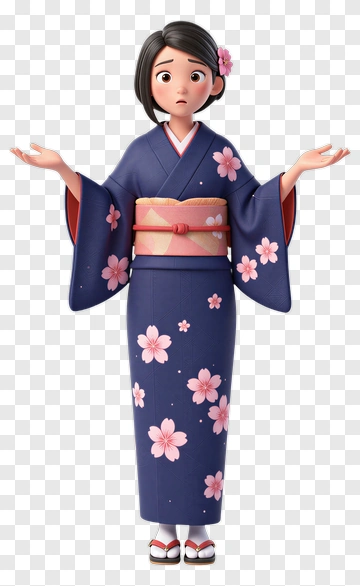 Cartoon Woman In Kimono With Cherry Blossom Design PNG