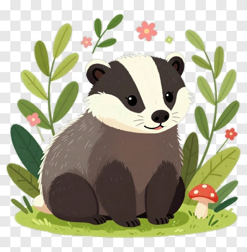 Cartoon Badger Sitting Among Flowers And Leaves PNG
