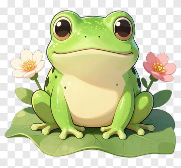 Cartoon Frog Sitting On A Leaf With Flowers PNG