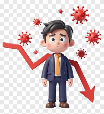Cartoon Businessman With Declining Graph And Virus Symbols PNG