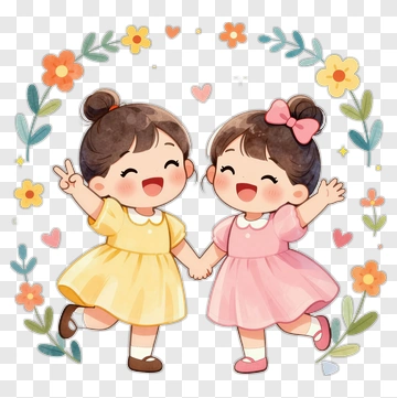 Happy Cartoon Girls Holding Hands PNG