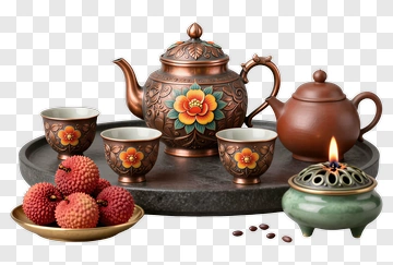 Decorative Tea Set With Fruits And Candle PNG
