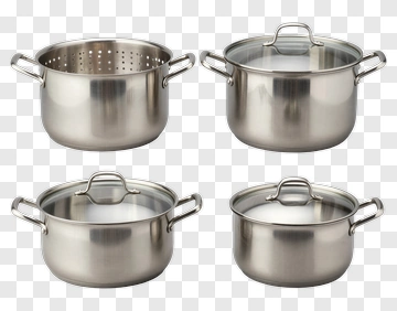 Stainless Steel Cooking Pots And Colander Set PNG