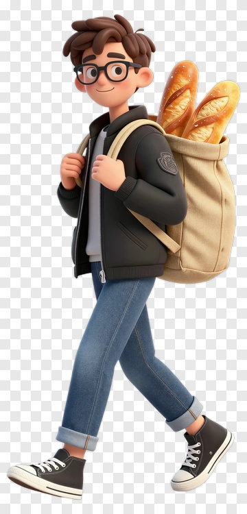 3D Boy Carrying A Bag Of Baguettes PNG