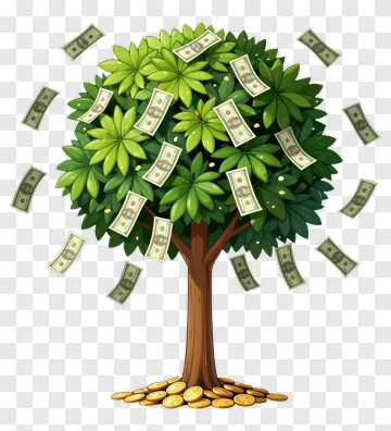 Money Tree With Dollar Bills And Coins PNG