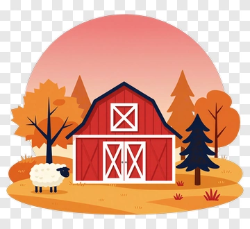 Cartoon Farm Scene With Barn And Sheep PNG