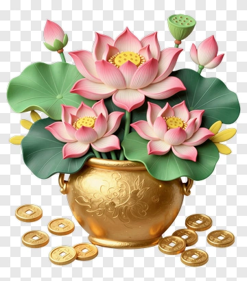 Lotus Flowers In A Golden Pot With Coins PNG