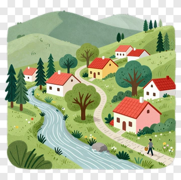 Scenic Village With River And Trees PNG