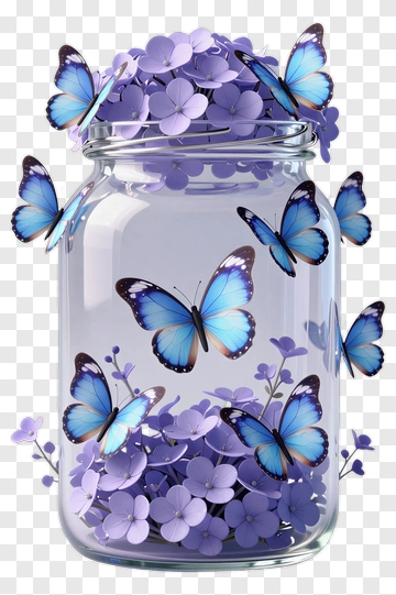 Glass Jar Filled With Purple Flowers And Blue Butterflies PNG