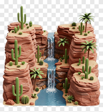 3D Desert Canyon With Waterfall And Cacti PNG