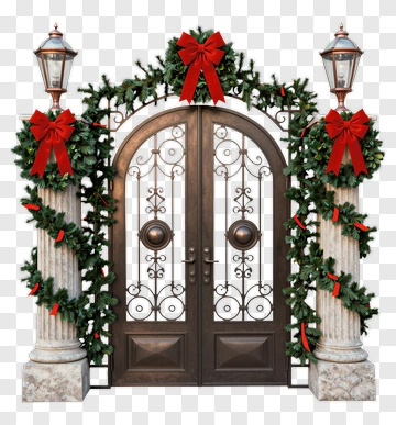 Christmas Double Door With Decorative Wreaths PNG