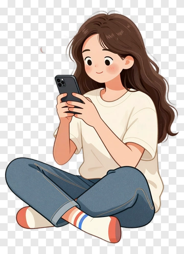 Cartoon Girl Sitting And Using A Smartphone PNG