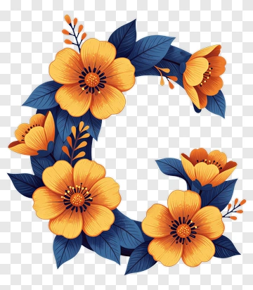 Floral Letter C With Yellow Flowers And Green Leaves PNG