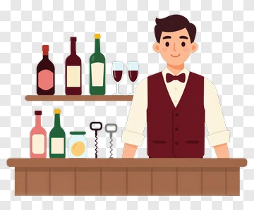 Bartender Standing Behind A Bar With Bottles PNG