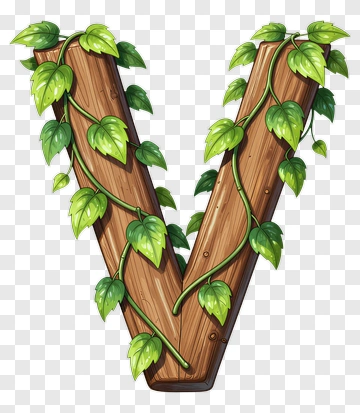Wooden Letter V Covered In Green Leaves PNG