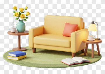 Cozy Living Room With Yellow Sofa And Decorative Elements PNG